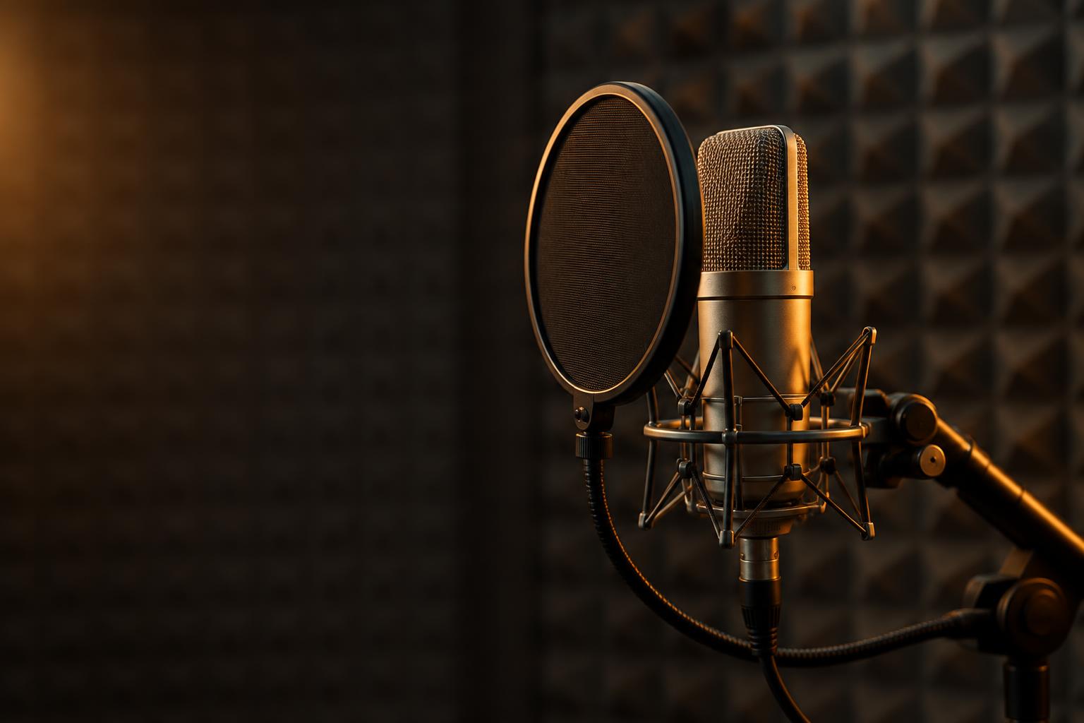 A studio condenser microphone on a boom arm inside a warm-lit voiceover booth