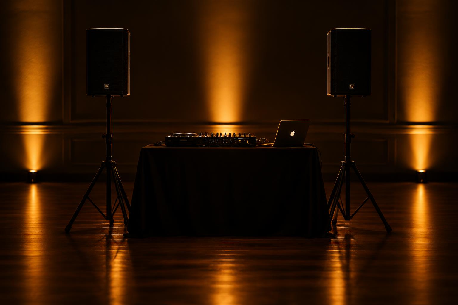 A mobile DJ booth at night with speakers on stands, a mixer and warm uplights