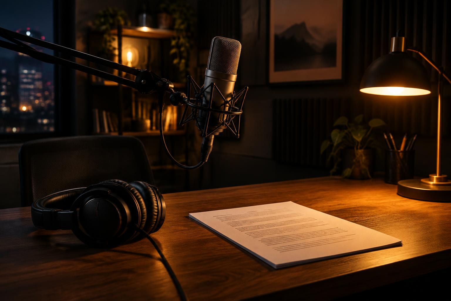 A home voiceover booth with a microphone on a boom arm and a printed script